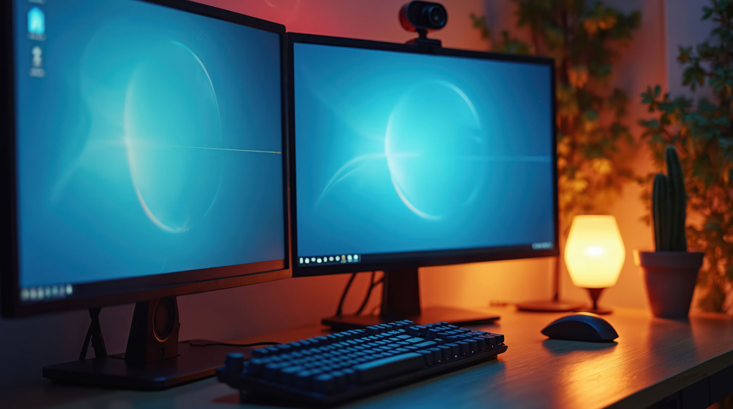 Vue large d'un bureau gaming moderne vide avec chaise ergonomique correctement positionnée, double écran sur bras articulé et clavier mécanique centré, dans une pièce contemporaine lumineuse