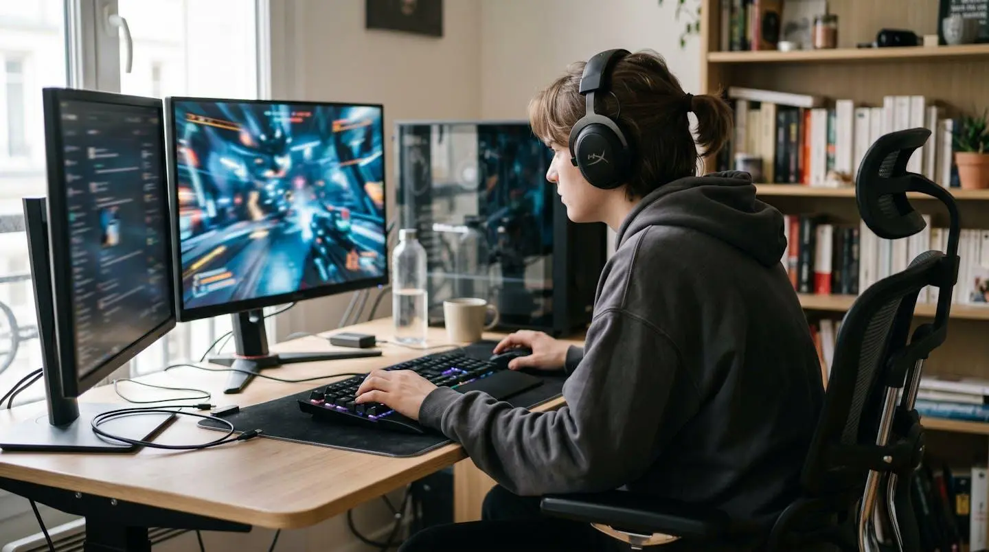 Vue de dos d'une personne assise à un bureau gaming avec une posture affaissée visible, épaules enroulées et dos voûté