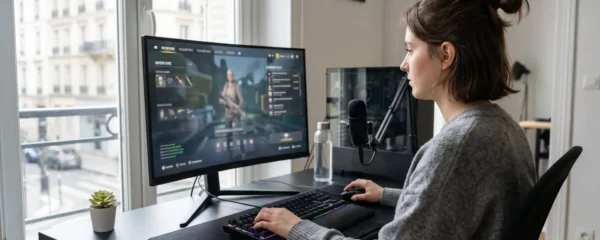 Un gamer vu de dos assis à son bureau gaming dans une posture droite, mains sur clavier mécanique, écran face à lui dans un environnement contemporain lumineux