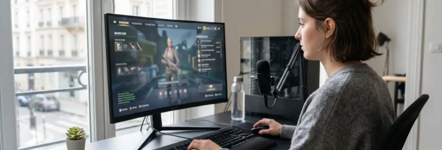Un gamer vu de dos assis à son bureau gaming dans une posture droite, mains sur clavier mécanique, écran face à lui dans un environnement contemporain lumineux