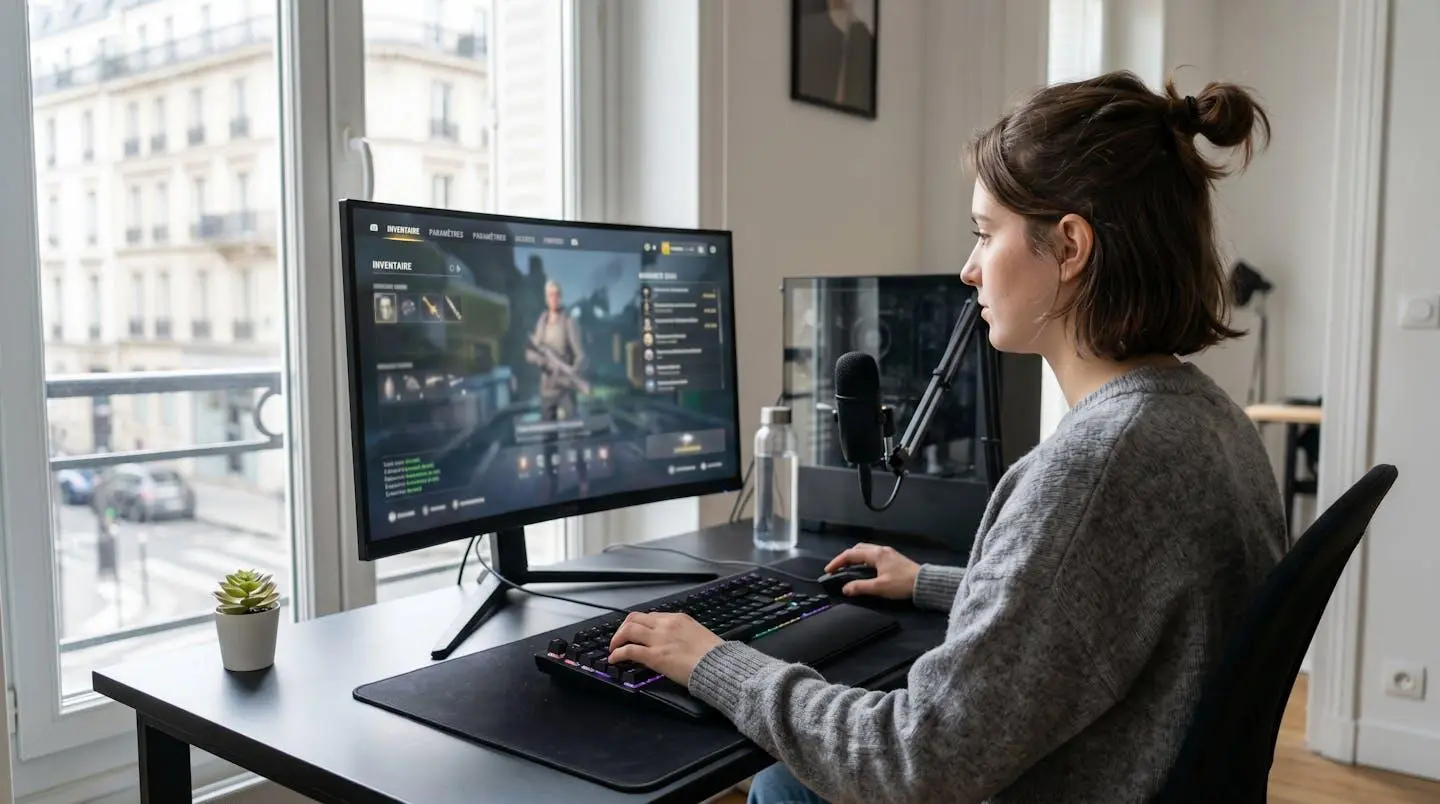 Un gamer vu de dos assis à son bureau gaming dans une posture droite, mains sur clavier mécanique, écran face à lui dans un environnement contemporain lumineux