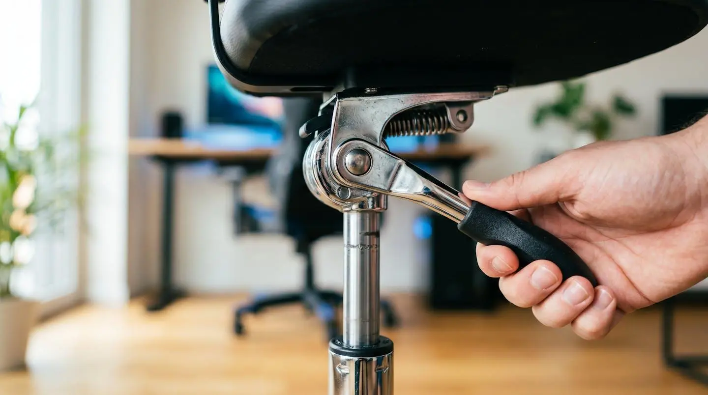 Gros plan sur une molette de réglage de hauteur de chaise gaming en chrome, avec une main en train d'actionner le mécanisme