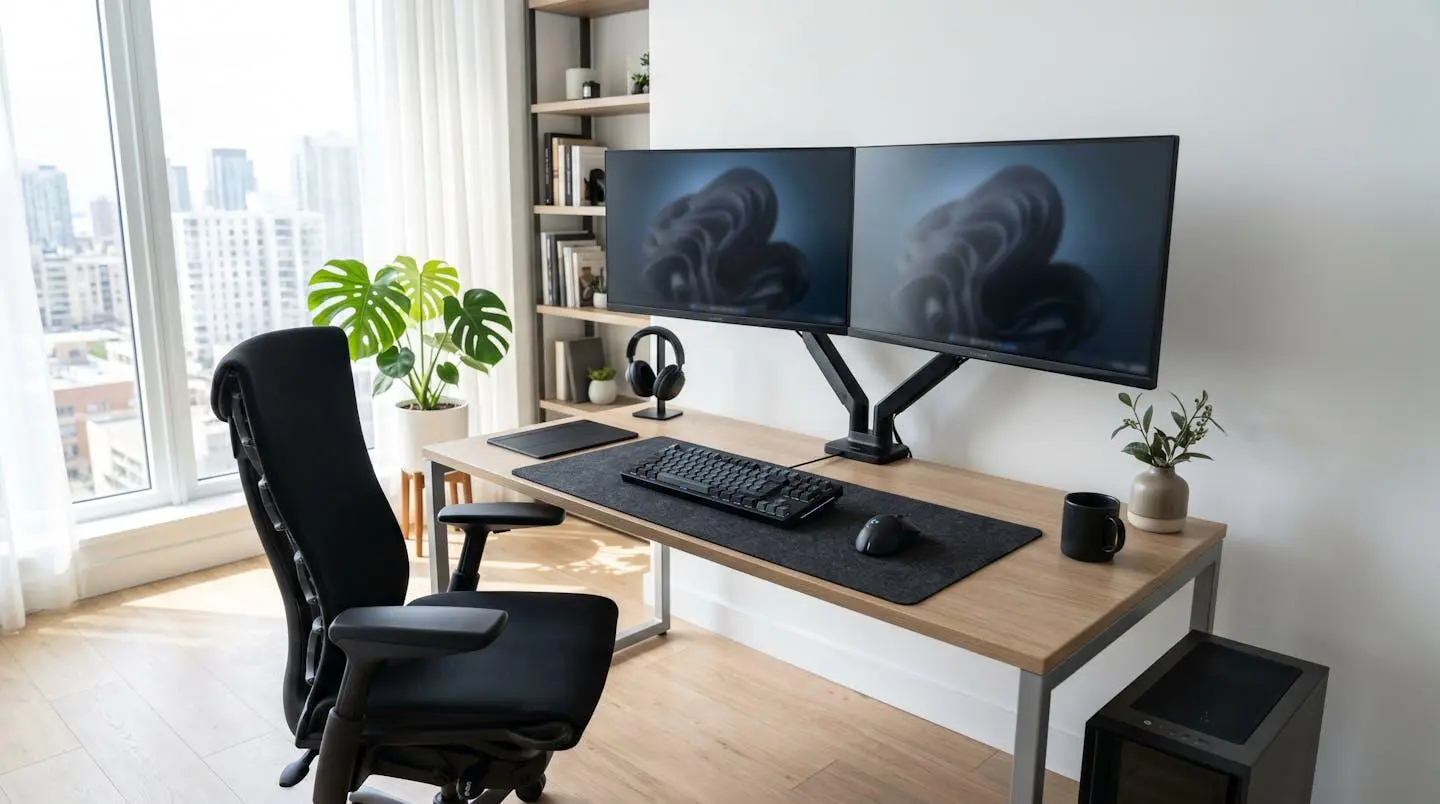 Vue large d'un bureau gaming moderne vide avec chaise ergonomique correctement positionnée, double écran sur bras articulé et clavier mécanique centré, dans une pièce contemporaine lumineuse
