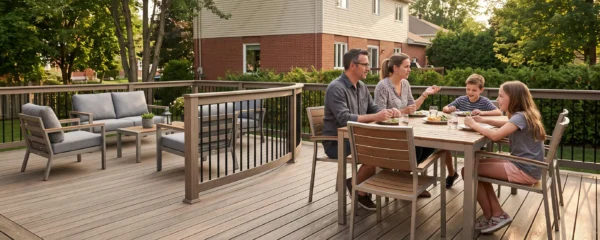Grand patio composite multi-niveaux en lames TimberTech couleur bois naturel, installé dans une cour résidentielle de la Rive-Nord de Montréal, avec famille de quatre personnes utilisant naturellement les zones repas et détente, maison québécoise typique en arrière-plan, lumière chaude d'été