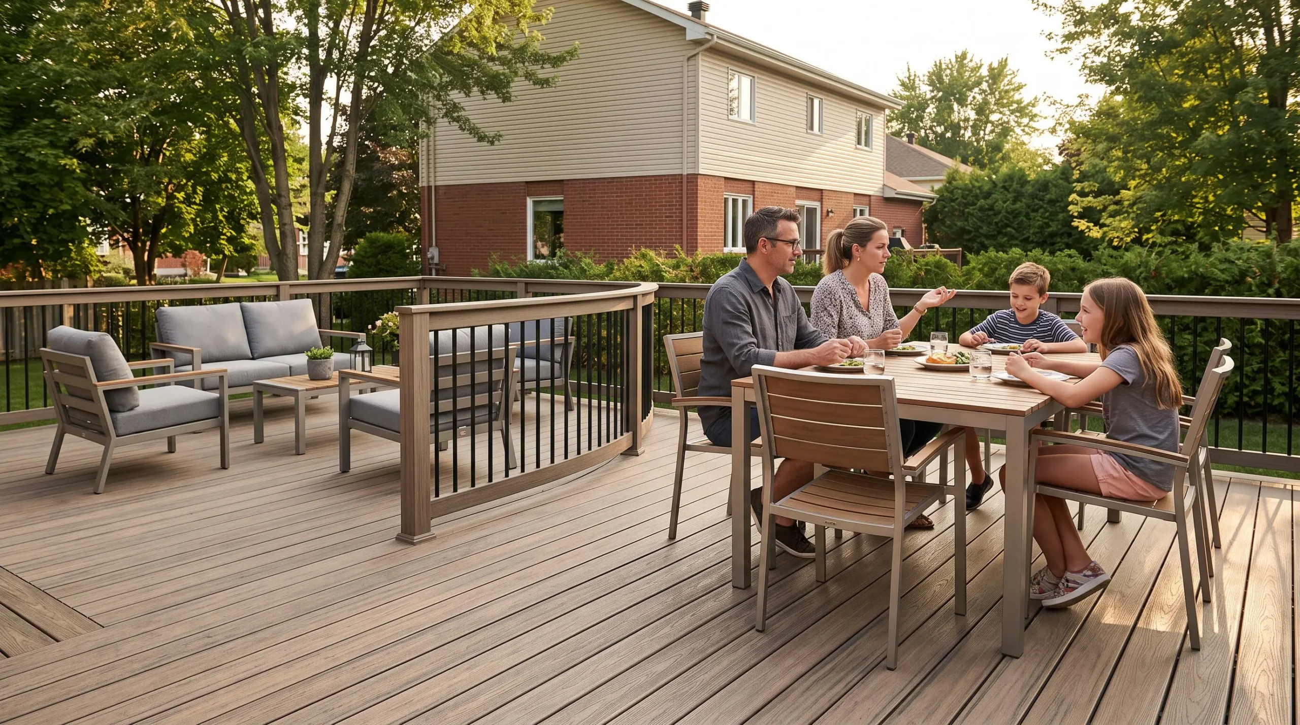 Grand patio composite multi-niveaux en lames TimberTech couleur bois naturel, installé dans une cour résidentielle de la Rive-Nord de Montréal, avec famille de quatre personnes utilisant naturellement les zones repas et détente, maison québécoise typique en arrière-plan, lumière chaude d'été