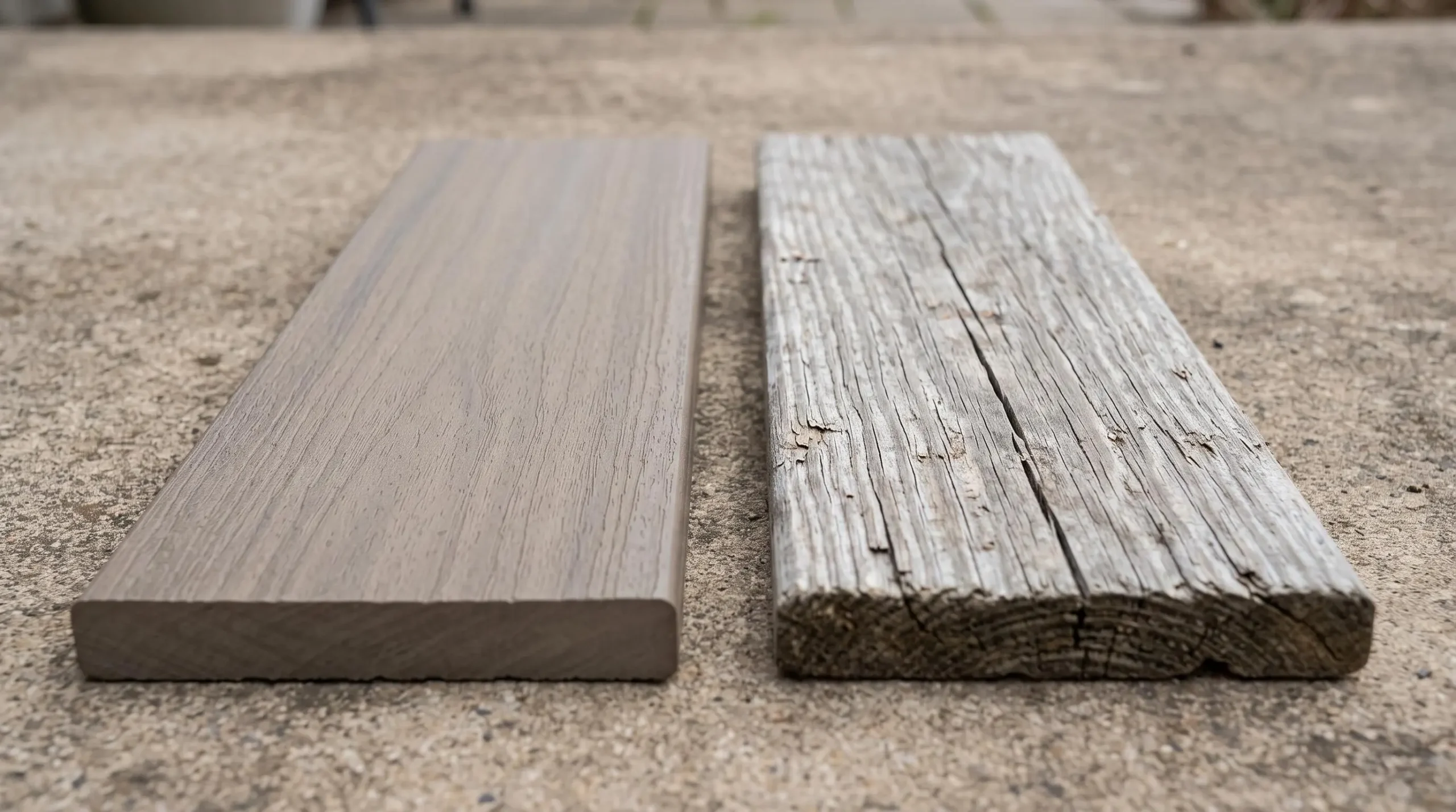 Gros plan comparatif de deux lames de patio : à gauche, lame composite TimberTech couleur gris chaud en excellent état avec surface lisse uniforme