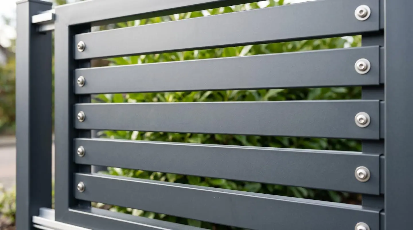 Gros plan sur lames horizontales d'un portail aluminium thermolaqué anthracite, fixations mécaniques inox visibles, finition mat sans corrosion, végétation en arrière-plan