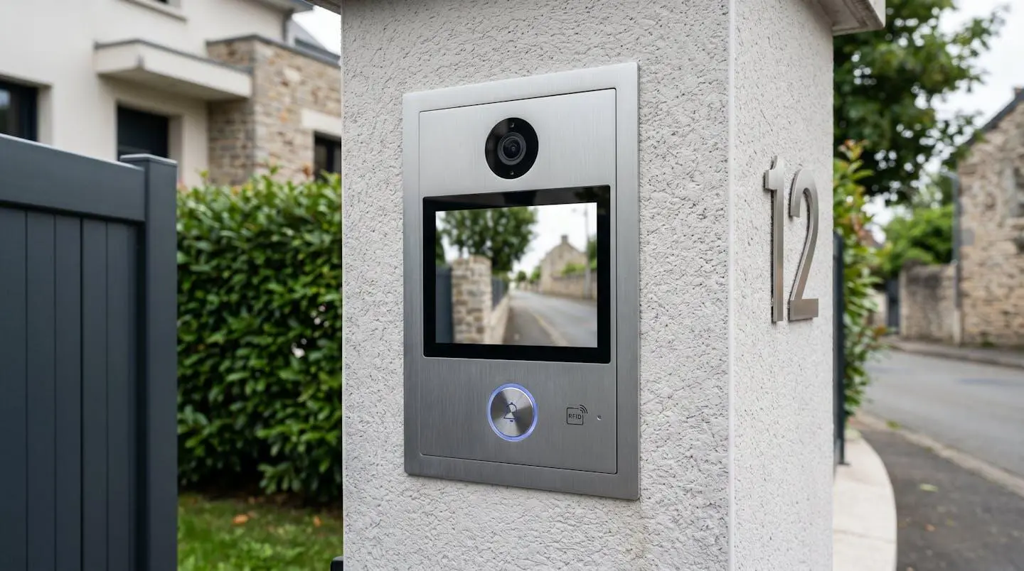 Interphone vidéo moderne encastré dans pilier de portail gris, écran tactile LCD affichant vue caméra, bouton d'appel rétroéclairé, badge RFID, installation professionnelle