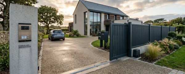 Portail coulissant en aluminium anthracite motorisé semi-ouvert devant maison contemporaine bretonne, pilier avec interphone vidéo, clôture aluminium assortie, lumière dorée de fin de journée