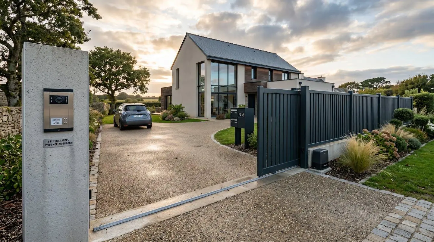 Portail coulissant en aluminium anthracite motorisé semi-ouvert devant maison contemporaine bretonne, pilier avec interphone vidéo, clôture aluminium assortie, lumière dorée de fin de journée