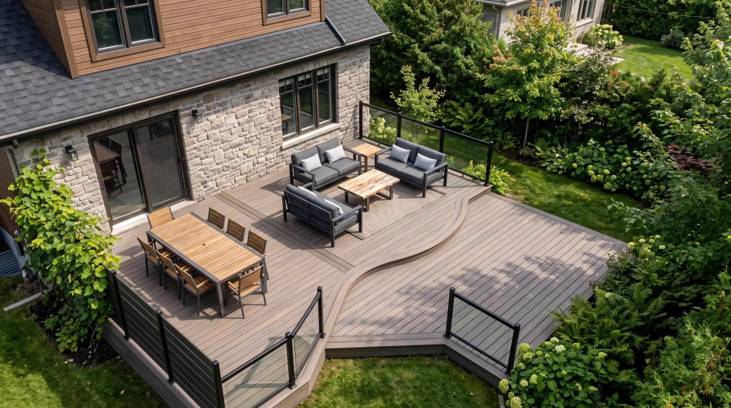 Vue aérienne oblique d'un patio composite de 350 pi² organisé en trois zones fonctionnelles distinctes : coin repas avec grande table près de la maison, zone lounge centrale avec causeuses, et espace ouvert pour jeux enfants, lames composite grises avec délimitations courbes