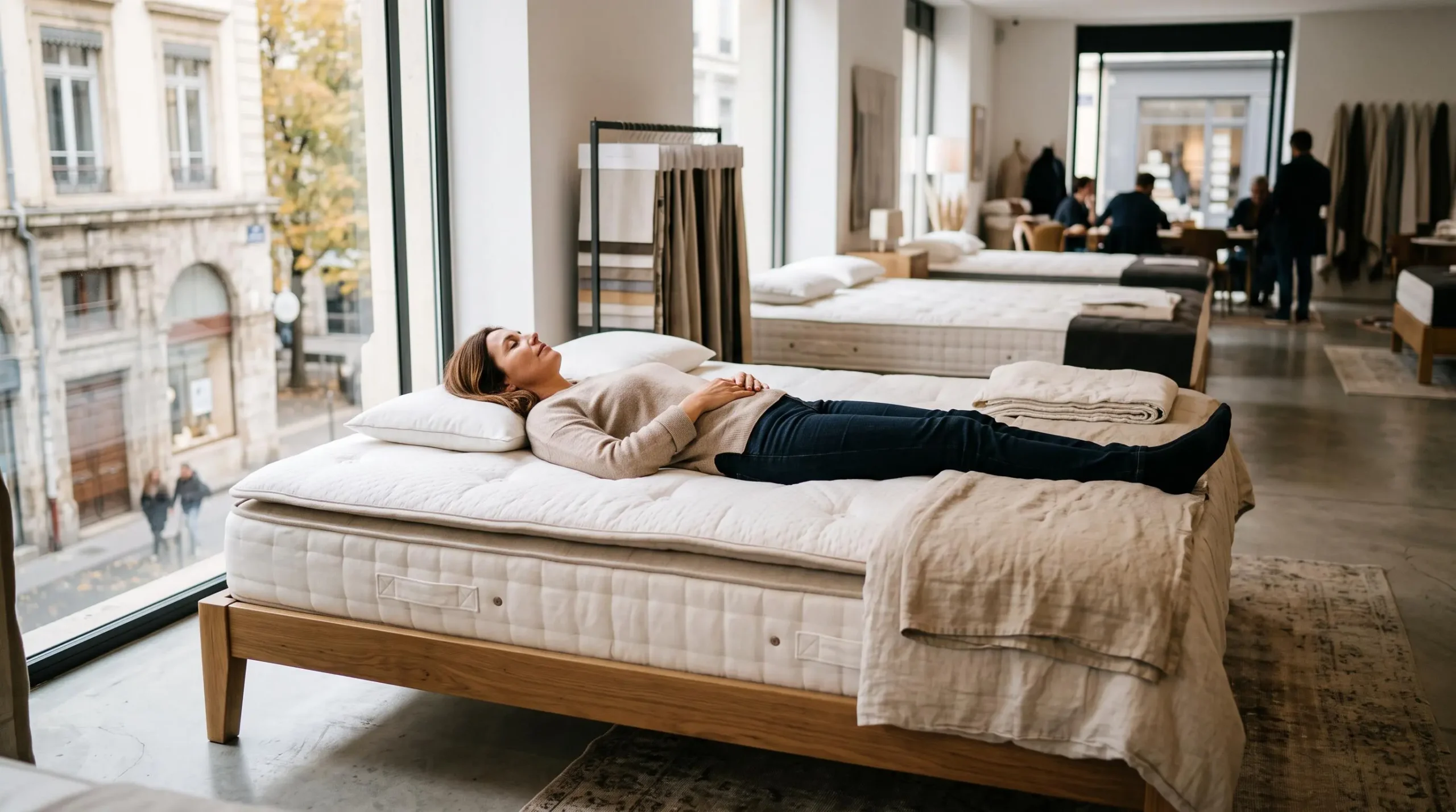 Une femme teste l'accueil d'un matelas allongée dans un magasin de literie