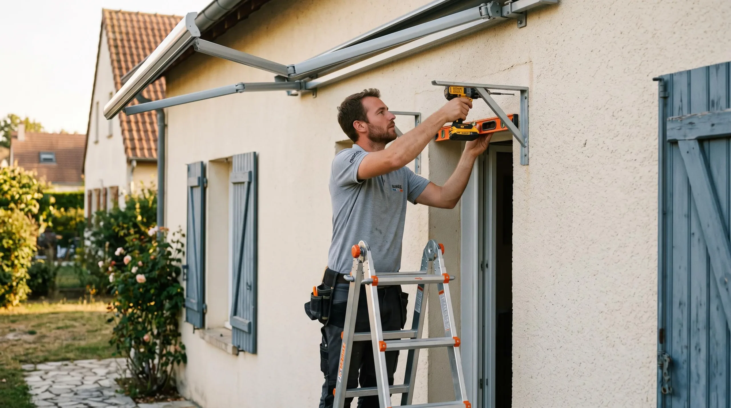 Un installateur fixe les supports d'un store banne sur la façade d'une maison.