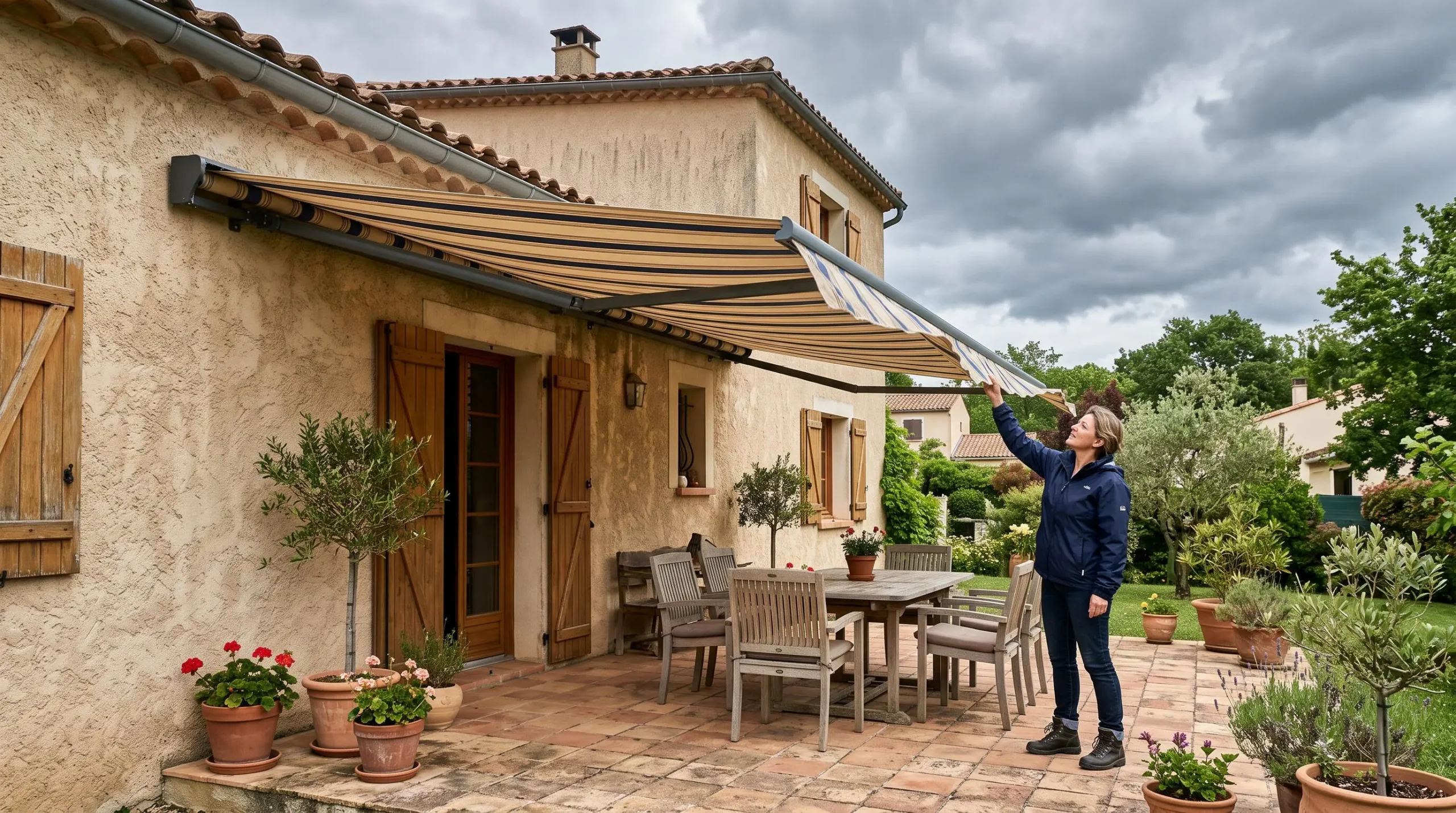Un propriétaire vérifie la stabilité d'un store banne déployé sous un ciel venteux.