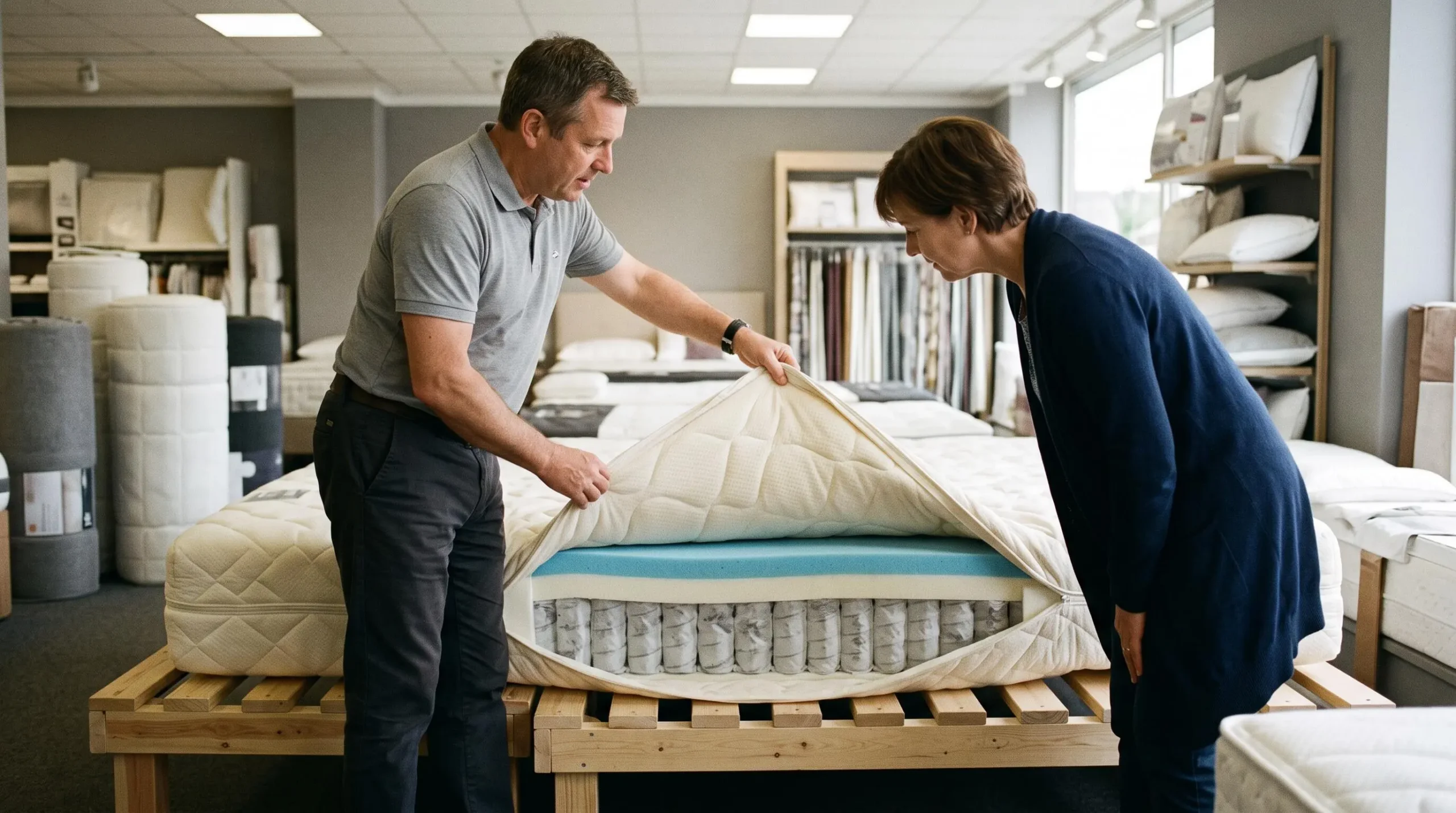 Un vendeur soulève le coutil d'un matelas pour montrer ses couches internes