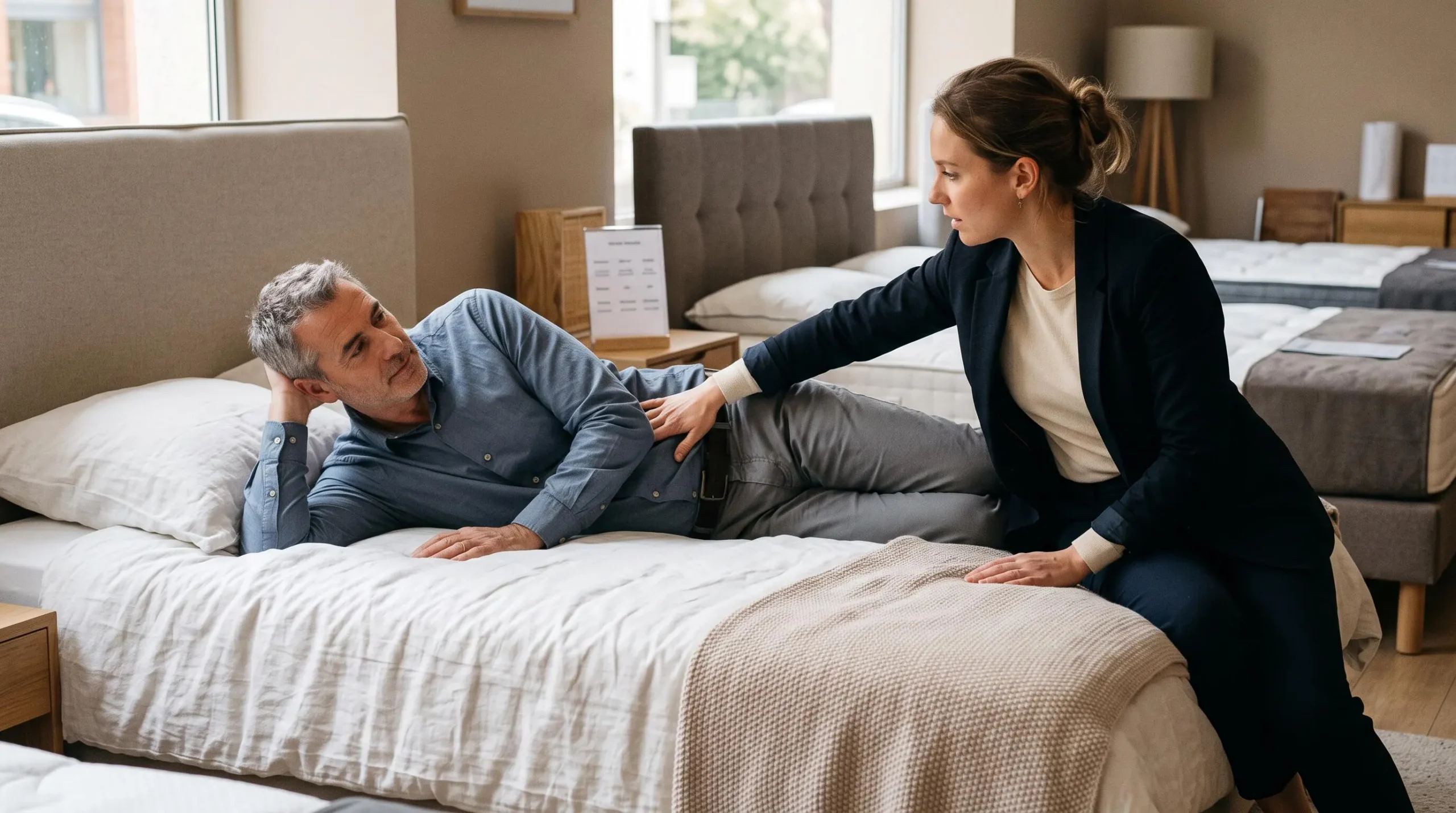Un vendeur vérifie le soutien lombaire d'un dormeur allongé sur le côté